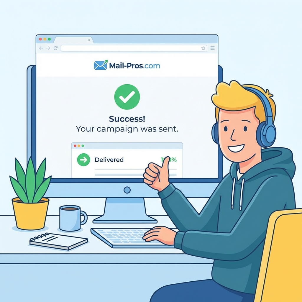 Happy worker celebrating with Mail-Pros.com success screen