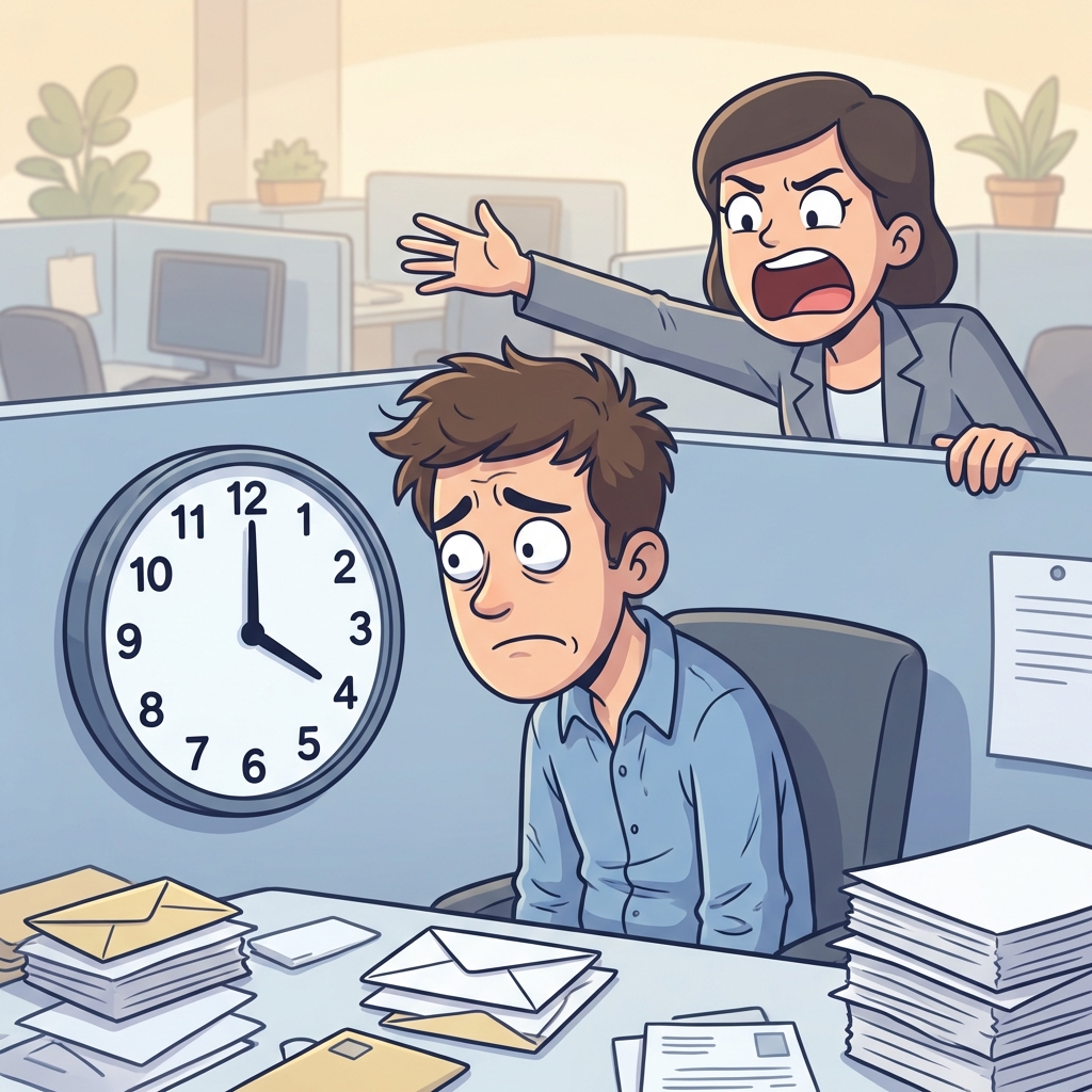 Stressed office worker with boss shouting about 4PM deadline