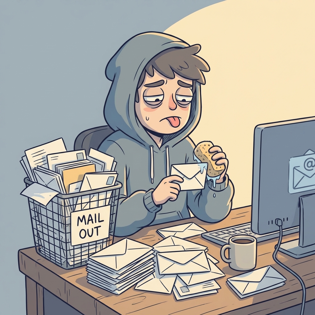 Worker manually licking envelopes with overflowing mail out bin